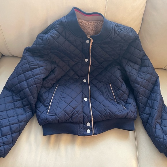 NWOT UGG Eliana Reversible Sherpa Bomber Jacket - Navy/Camel - Picture 3 of 10